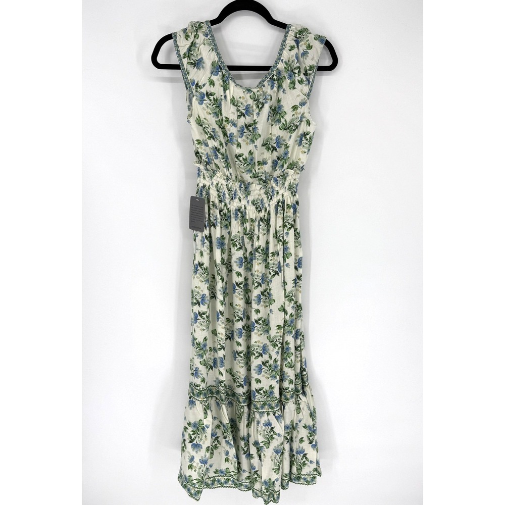 Max Studio Dress Womens Small‎ Blue Floral Smocked Waist Ruffle Hem Boho Midi - Picture 6 of 12